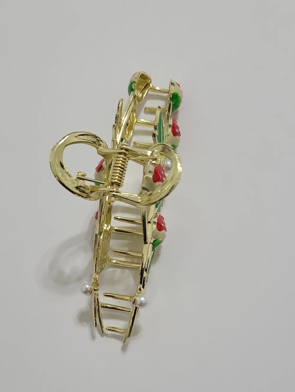 Gold-tone Strawberry Leaf Hair Claw Clip with Red & Green Enamel NWOT